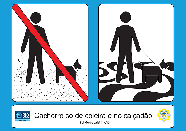 Placas que estão sendo instaladas nas praias do Rio orientam os turistas e moradores sobre a proibição de cães na areia