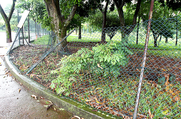 Alambrado parcialmente derrubado no parque Tom Jobim, na periferia de Ribeiro Preto