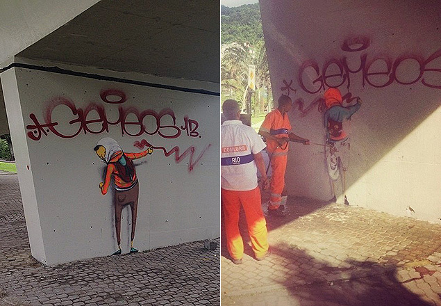 Funcionrios da prefeitura apagam grafrite da dupla Osgemeos no Rio de Janeiro 