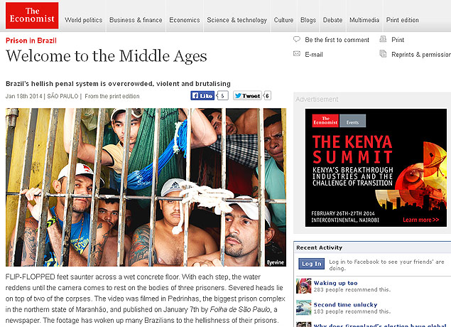 Reportagem sobre o sistema penitenciário brasileiro no site da revista 'The Economist' 