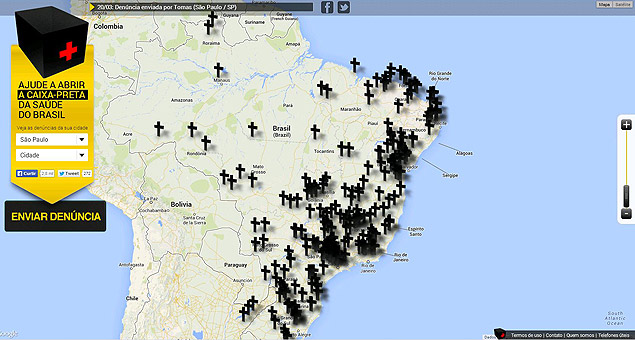Cada cruz negra representa uma cidade e, ao clicar em uma delas,  possvel ver todas as reclamaes do local