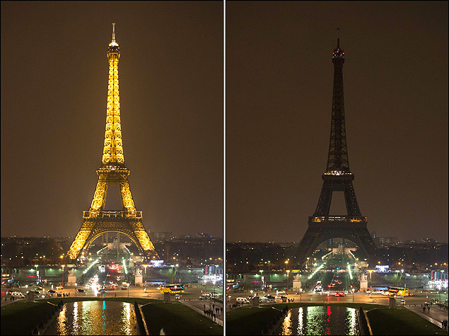 Montagem com a Torre Eiffel, em Paris, antes e durante a Hora do Planeta, em 2013 