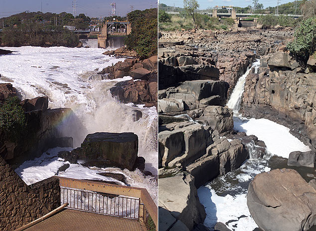 Cachoeira que d nome  cidade de Salto (interior de SP) em 2003 ( esq.) e hoje, atingida por seca