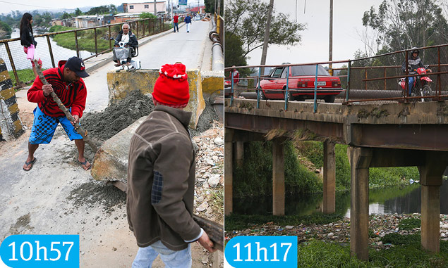 Homens retiram bloco de concreto colocado s 7h15 e depois carro e moto j atravessam a ponte