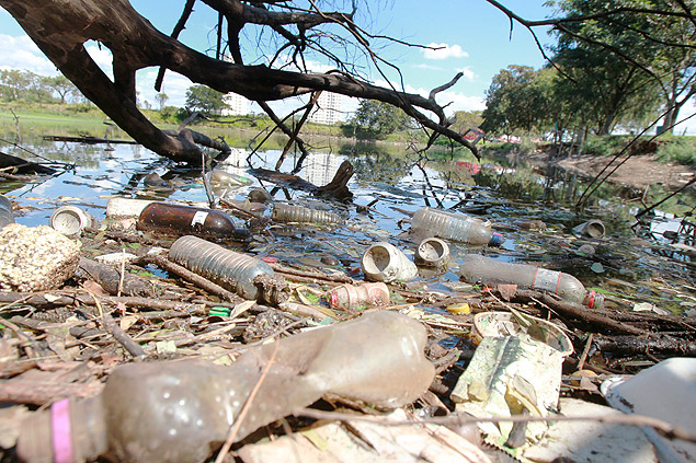 Lixo ao redor da lagoa da nascente do crrego das Palmeiras, rea de recarga do aqufero