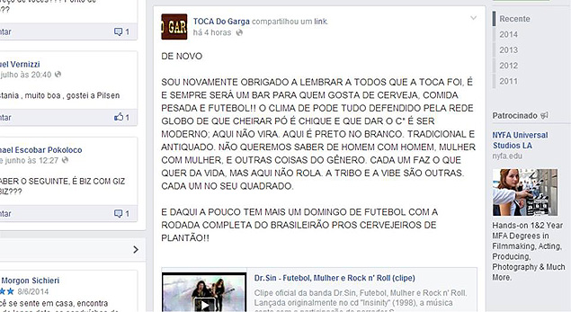 Mensagem publicada, e depois excluda, pelo perfil do bar Toca do Garga, de Santos