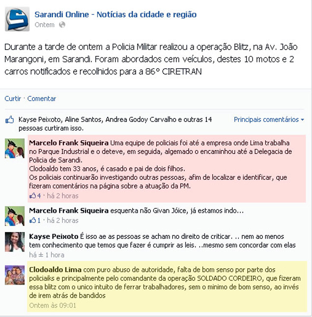 Crítica de Claudionor Lima (em amarelo), publicada no Facebook horas antes de ele ser detido por PMs