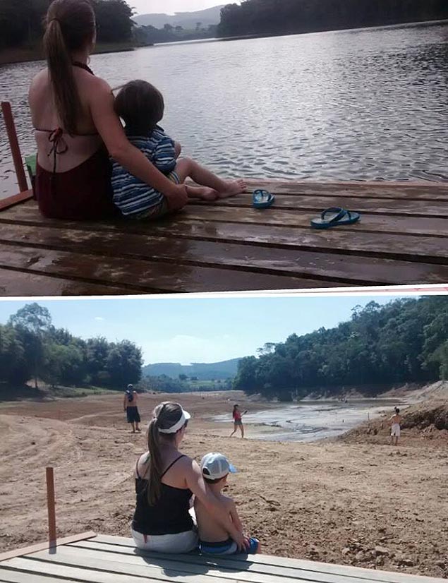 Ingrid Venturini com o filho Breno na represa; foto feita em abril (acima) e neste mês