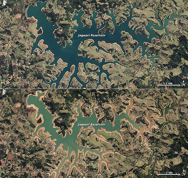 Imagem da Nasa da represa do Jaguari; primeira foto tirada em agosto de 2013 e a segunda em agosto de 2014