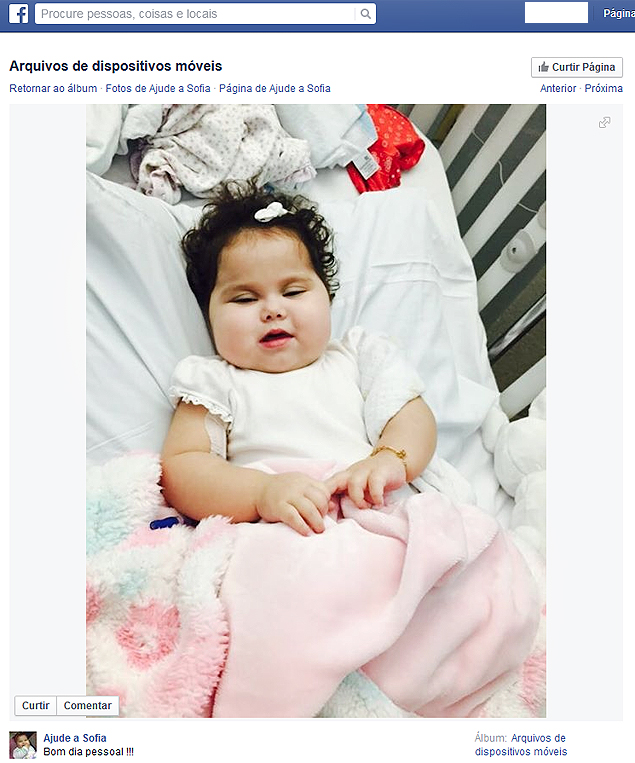 Pgina do Facebook "Ajude a Sofia" foi criada para pedir ajuda, arrecadar fundos e informar sobre o estado de sade da beb Sofia