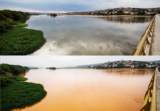 O rio Doce, em Colatina (ES), antes e depois da invaso da lama