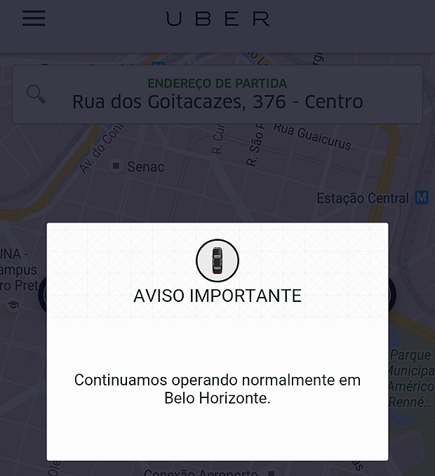 Mensagem do Uber sobre a manuteno do servio em BH, aps o aplicativo ser proibido na cidade