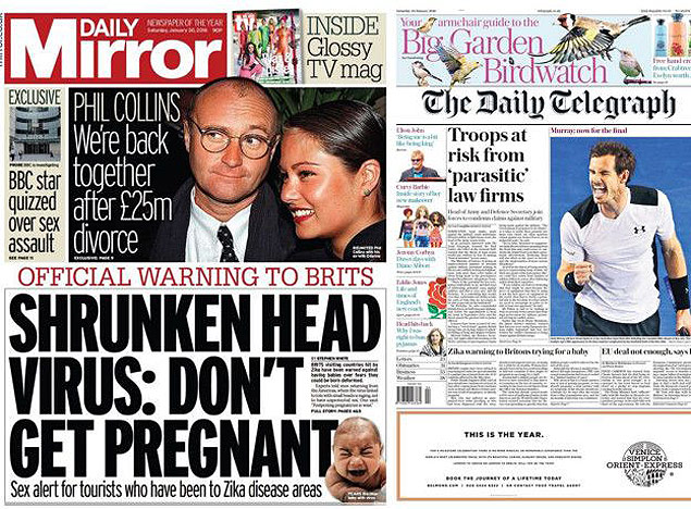 No engravidem', diz Daily Mirror; 'Alerta de zika para britnicos tentando ter beb', diz Telegraph (na parte de baixo da capa) 