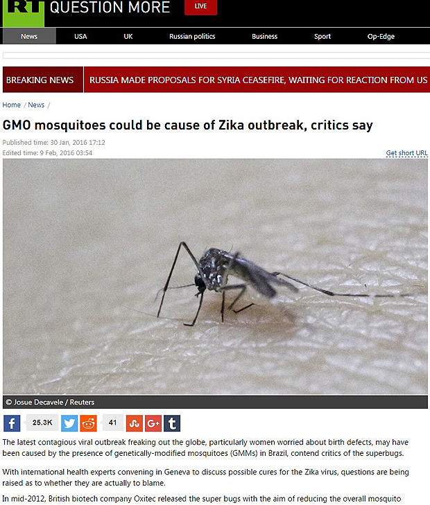 Texto do site russo "RT" reproduz teorias conspiratrias sobre vrus da zika