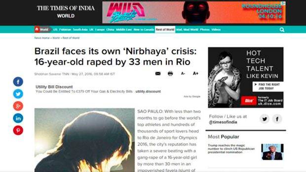 Em texto assinado pelo correspondente em São Paulo, o The Times of India critica cobertura da mídia brasileira sobre caso no Rio