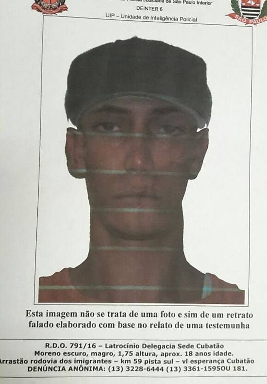 Retrato falado feito pela Polcia Civil do suspeito de ter atirado pedra em carro na Imigrantes; pedra atingiu rapaz, que morreu