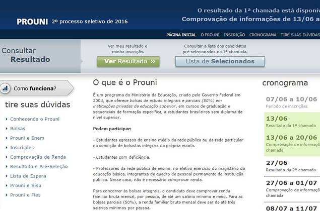 Pgina inicial do site do Prouni; resultados foram divulgados nesta segunda (13)