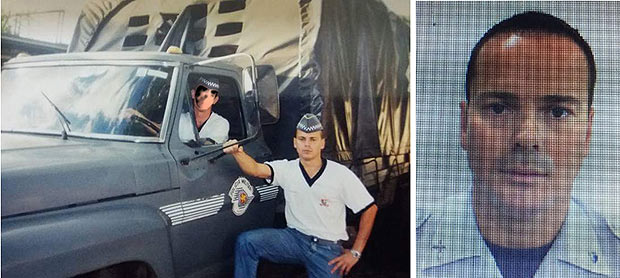 O policial rodovirio Tarcisio Wilker Gomes quando entrou na PM h 14 anos ( esq.) e uma foto 3x4 atual 