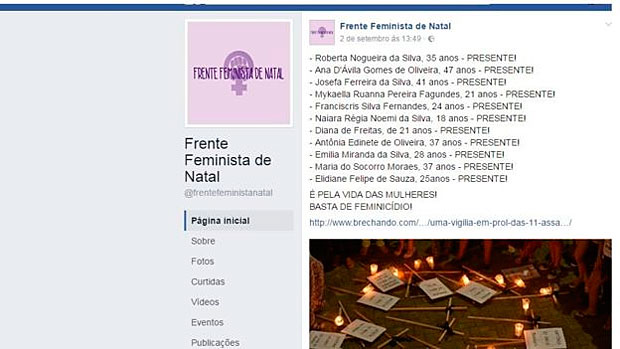 Pgina da Rede Feminista de Natal no Facebook lista vtimas de feminicdio: foram ao menos 11 em agosto
