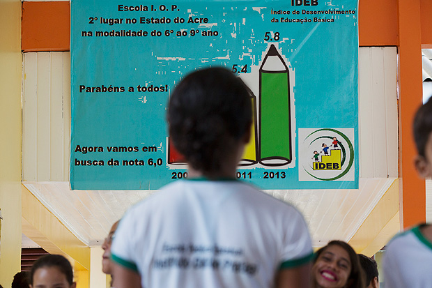 Cartaz fixado no pátio mostra desempenho no Ideb de escola no Acre
