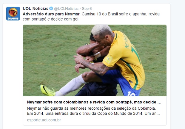 Tweet do UOL diz: "Adversrio duro para Neymar"