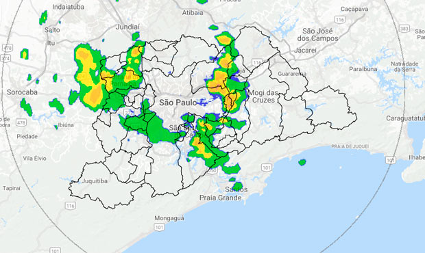 reas verdes indicam chuvas moderadas em partes da Grande So Paulo