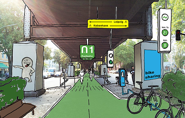 Projeto da ciclovia coberta sob a ferrovia elevada U1, em Berlim