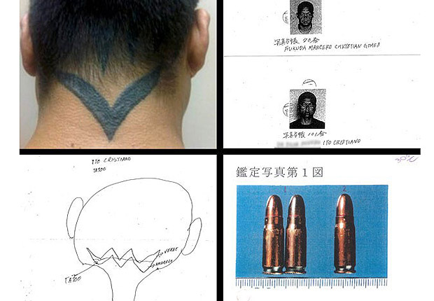 Do alto  esquerda para a direita, em sentido horrio: tatuagem; fotos e nomes dos rus; projteis de arma usada para matar em Tquio; desenho de testemunha sobre tatuagem