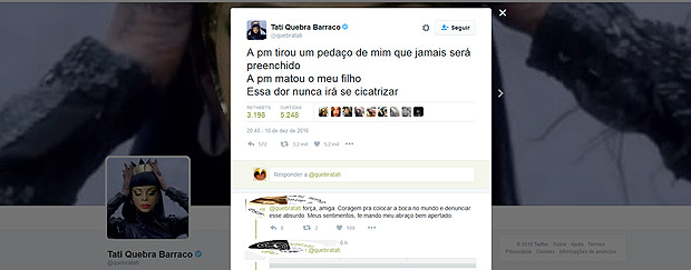 Tati Quebra Barraco desabafa no Twitter sobre a morte do filho