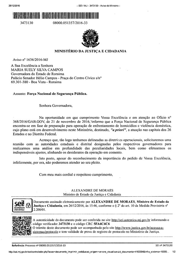 Ministro da Justia nega ajuda ao governo de Roraima