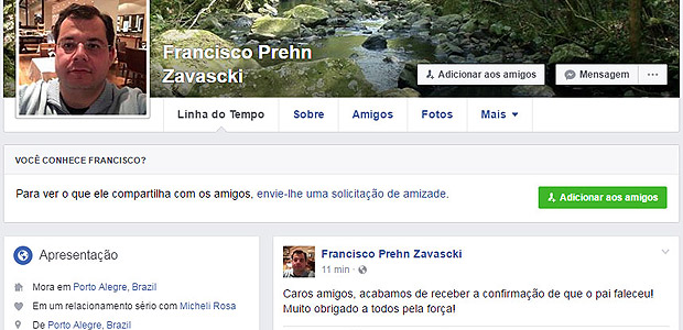 Mensagem do filho do Ministro Teori Zavascki no facebook comunica a morte do mesmo