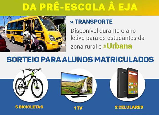 Quem estuda na rede pblica de Belm (PB), cidade vizinha a Guarabira, pode ganhar 5 bicicletas, 1 TV e 2 celulares