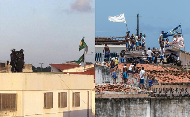 Polícia retoma controle do presídio e hasteia bandeira do Brasil e do Rio Grande do Norte no presídio 