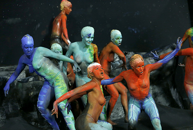 EDS NOTE NUDITY - Performers from the Paraiso do Tuiuti samba school parade during Carnival celebrations at the Sambadrome in Rio de Janeiro, Brazil, Sunday, Feb. 26, 2017. Competitors work for months to ready for Brazil's world famous Carnival parades of samba dancing, costumes and magnificent floats. (AP Photo/Silvia Izquierdo) ORG XMIT: XSI104