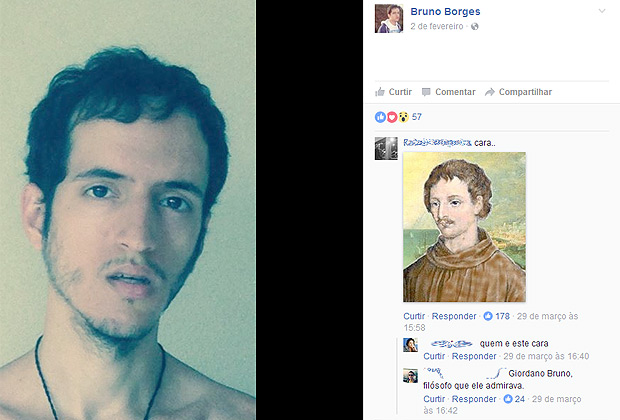 Imagem de Bruno no Facebook e comentrios de internautas sobre semelhana com filsofo Giordano Bruno
