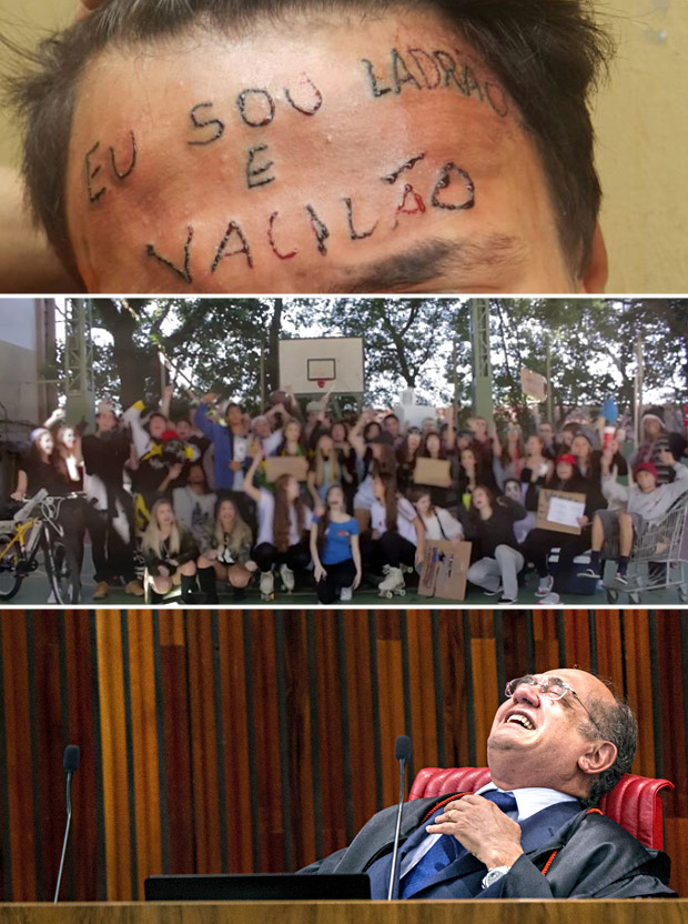 Jovem tem testa tatuada; trote de escola gaúcha; ministro Gilmar Mendes durante julgamento da chapa Dilma-Temer 