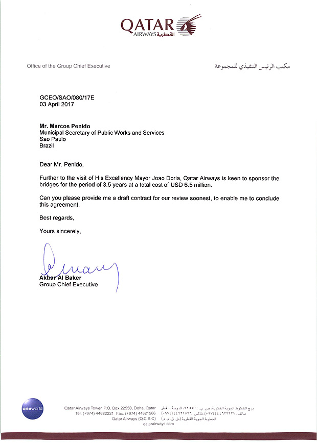 Carta do presidente global da Qatar Airways assumindo compromisso de doação com a prefeitura de São Paulo