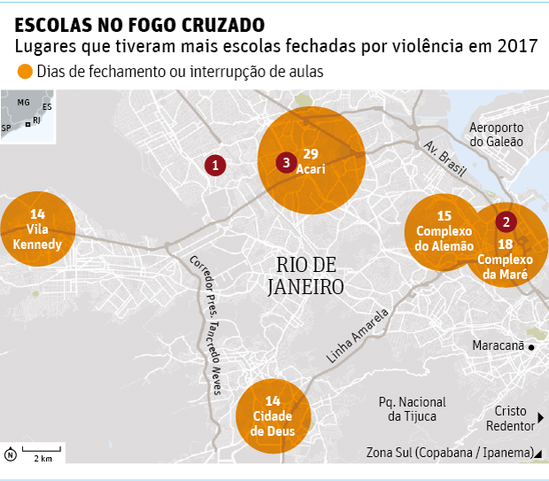 ESCOLAS NO FOGO CRUZADOLugares que tiveram mais escolas fechadas por violência em 2017
