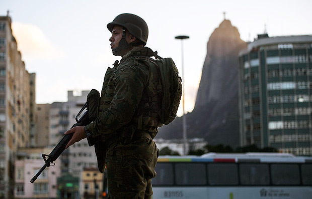 Military troops patrol Botafogo neighbourhood in Rio de Janeiro, Brazil