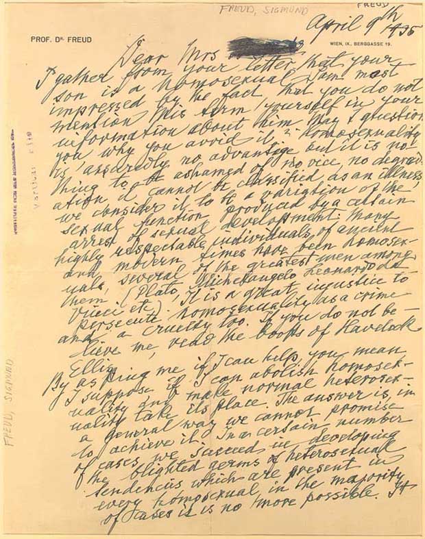 Carta escrita por Sigmund Freud em 1935 em resposta a uma mãe aflita por seu filho ser homossexual