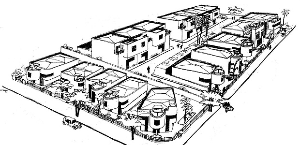 RG XMIT: 495001_0.tif Croqui mostra vila modernista projetada pelo artista plstico Flvio de Carvalho, em 1938. A ilustrao faz parte do livro 