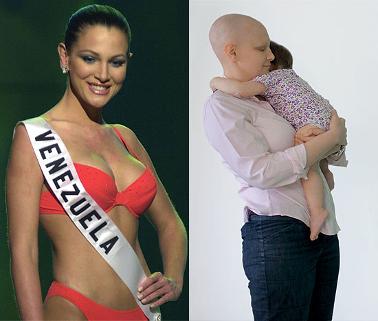 Eva Ekvall representando a Venezuela no Miss Universo em 2001; ao lado, com a filha, que tinha apenas 5 meses quando ela foi diagnosticada