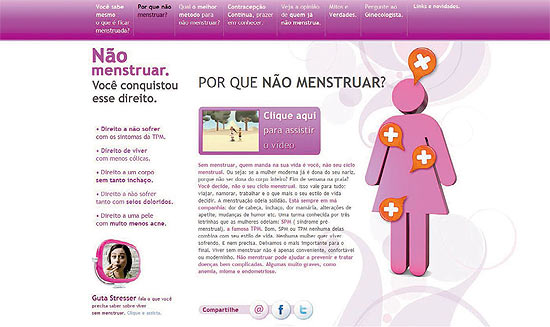 Site da campanha "viva sem menstruar", pago por fabricante de anticoncepcionais