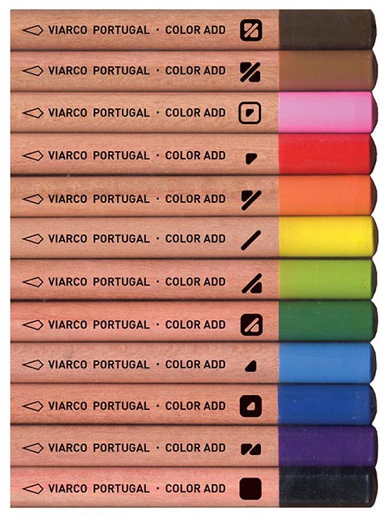 Lápis de cor com código de identificação para daltônicos