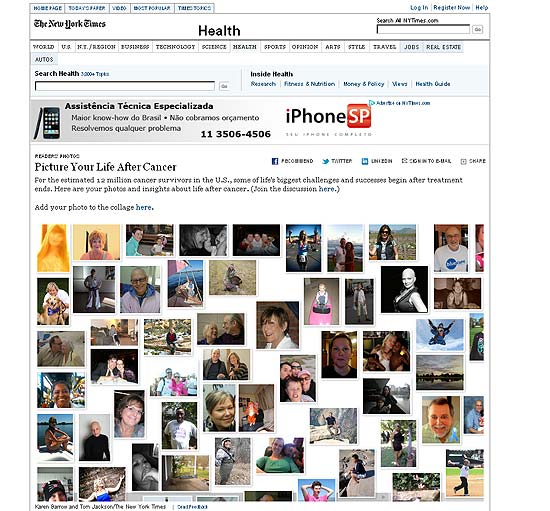 Site de saúde do "New York Times" com depoimentos curtos e fotos de leitores que sobreviveram ao câncer