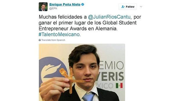 O presidente mexicano, Enrique Pea Nieto, parabenizou Julian e seus colegas pelo prmio 