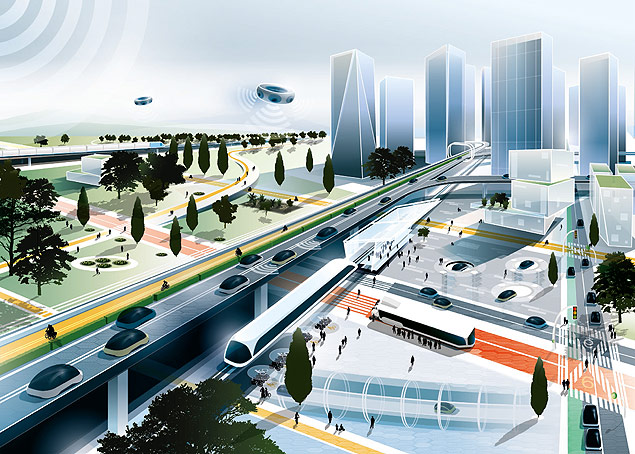 Ilustrao mostra as rodovias em 2050, com placas solares e carros conectados  internet 