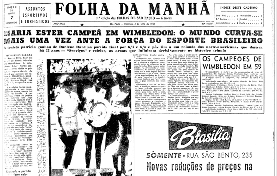 Capa do caderno de esportes da Folha da Manh do dia 5 de julho de 1959 com destaque para a conquista indita de Maria Esther Bueno