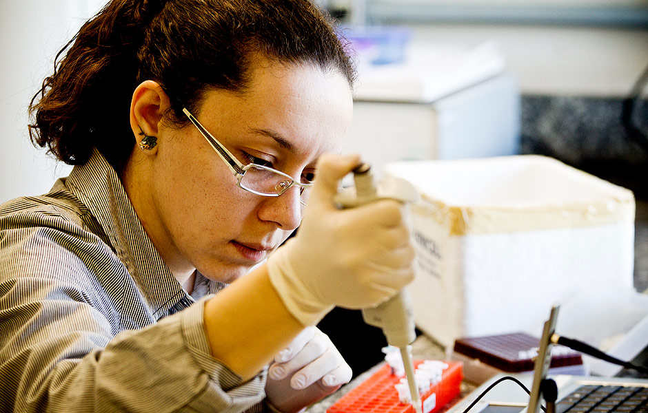 Pesquisadora faz quantificao de amostras de DNA no Centro de Estudos do Genoma Humano da USP
