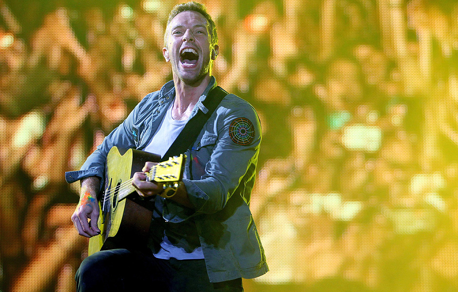 O vocalista do Coldplay, Chris Martin, durante a apresentao no Rock in Rio de 2011; banda retorna ao Brasil em abril neste ano